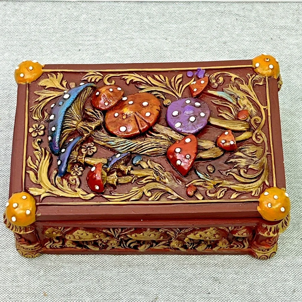 Colorful Whimsical Mushroom Toadstool Resin Trinket Box 5.5